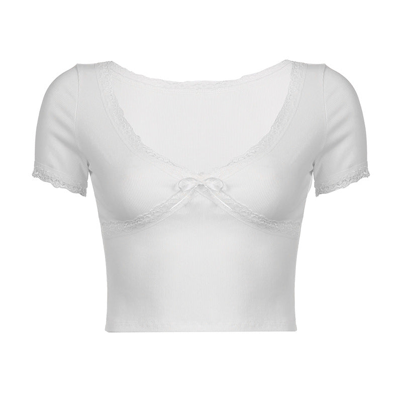 Fresh Girl Lace Stitching Foundation V Neck Slimming Short Cropped Short Sleeved T Shirt Top Summer