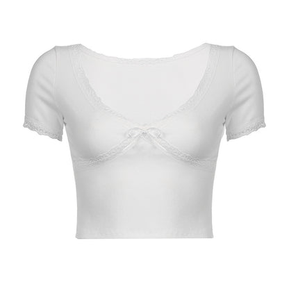 Fresh Girl Lace Stitching Foundation V Neck Slimming Short Cropped Short Sleeved T Shirt Top Summer