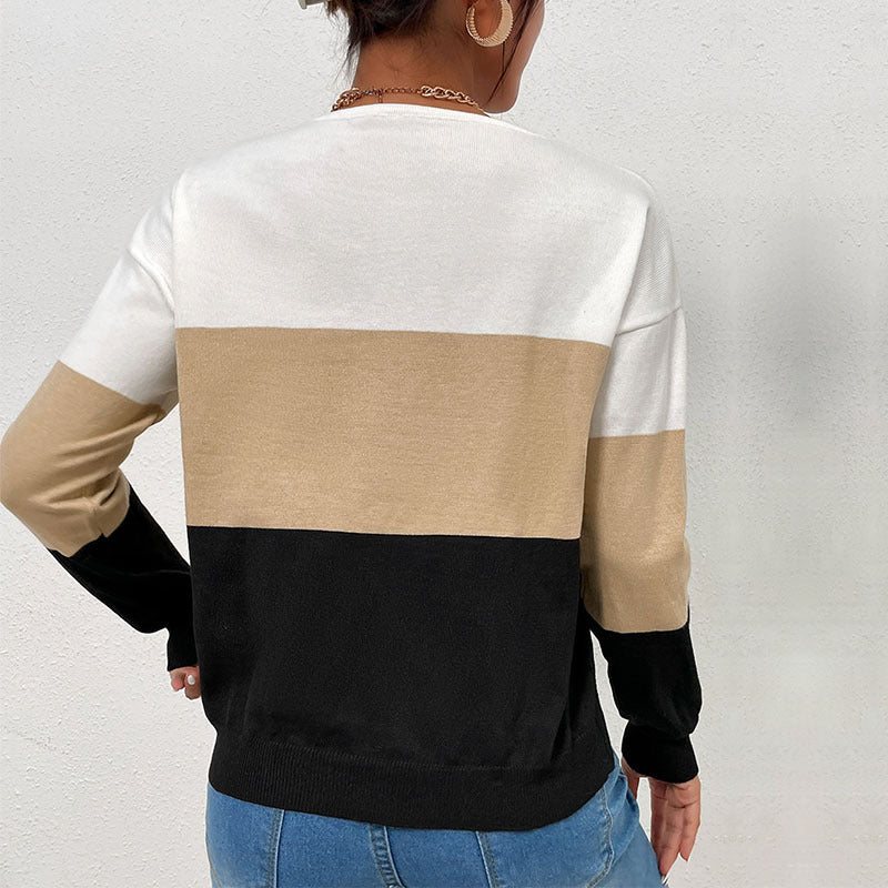 Autumn Winter Loose Casual V-neck Top Color Matching Long Sleeve Sweater for Women