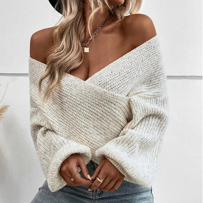 Fall Winter Sweater Women Clothing Elegant Cross V Neck Loose Pullover Women