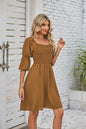 Summer Women Clothing Square Collar Puff Sleeve Pleating Backless Dress Women