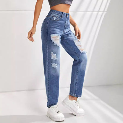 Women Clothing Casual Slimming Holes Straight Jeans Trousers