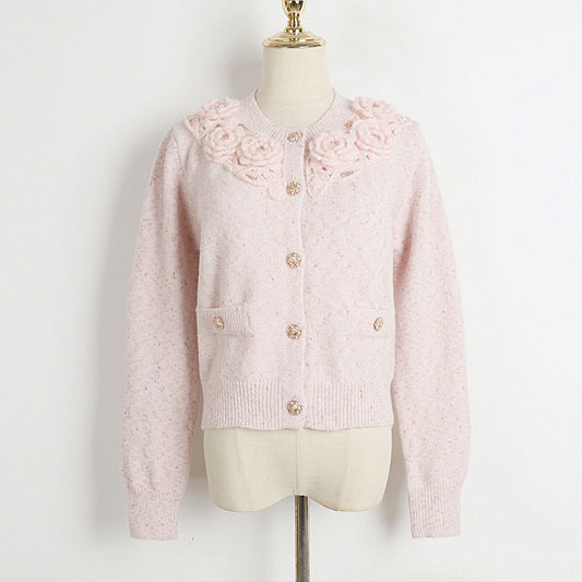 Hand Crochet Three Dimensional Floral Round Neck Cardigan Early Spring Gentle Single Breasted Sweater