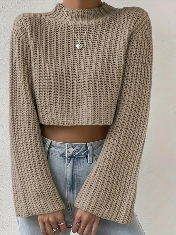 Autumn Winter Solid Color High Waist Short Bell Sleeve Half Turtleneck Pullover Sweater for Women