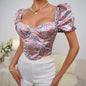 French Puff Sleeve Printed Top with Steel Ring Push up Waist Boning Corset Corset Outer Wear Short Corset Vest