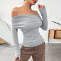 Autumn Winter Women Clothing Sexy off the Shoulder off Neck Slim Knit Long Sleeve Tops