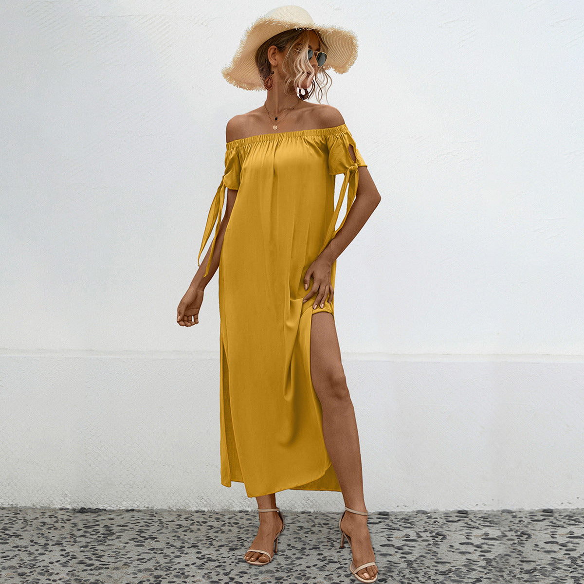 Spring Summer Off Shoulder Split Beach Dress