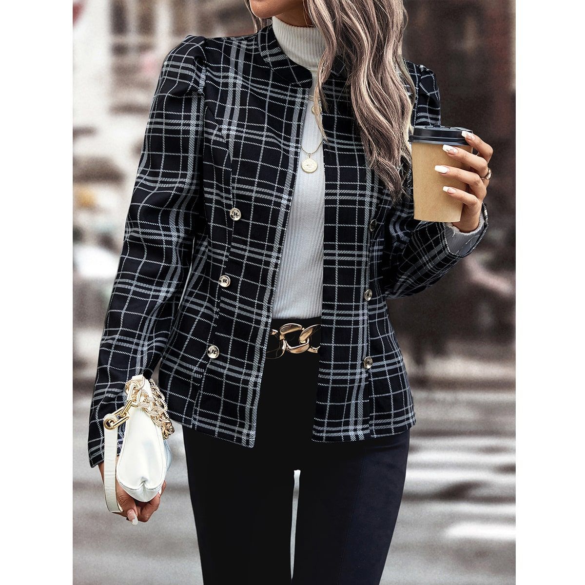 Autumn Winter Women Clothing Long Sleeve Black Plaid Short Coat