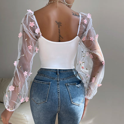 Women Clothing Sexy Mesh See through Embroidered Floral Double Layer Boning Corset Long Sleeve Bra