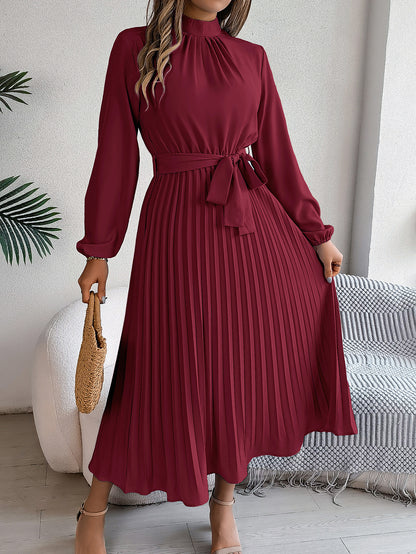 Autumn Winter Elegant Stand Collar Long Sleeve Cinched Pleated Maxi Dress Small Dress Women Clothing