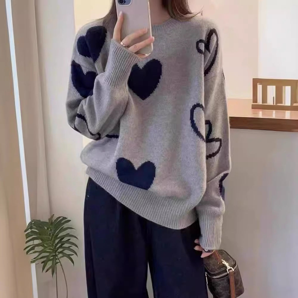 Idle Love Jacquard Pullover Sweater Elegant All Matching Youthful Looking Long Sleeve Round Neck Outer Sweater Women