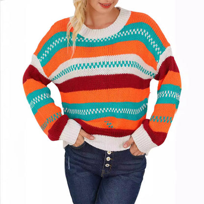 All Matching Retro Pullover Sweater Casual Autumn Winter Contrast Color Striped Round Neck Knitted Top