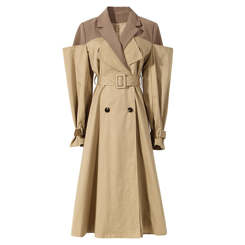 Two Color Knot Collar Trench Coat Women  Mid Length Knee Autumn Design Waist Trimming Coat