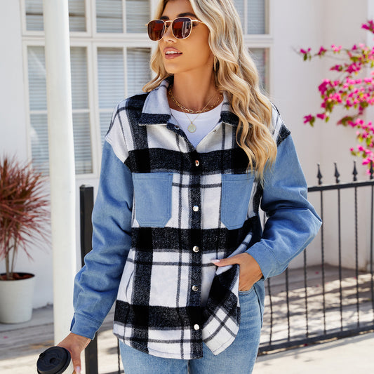 Women Clothing Washed Black White Plaid Casual Denim Long Sleeve Jacket