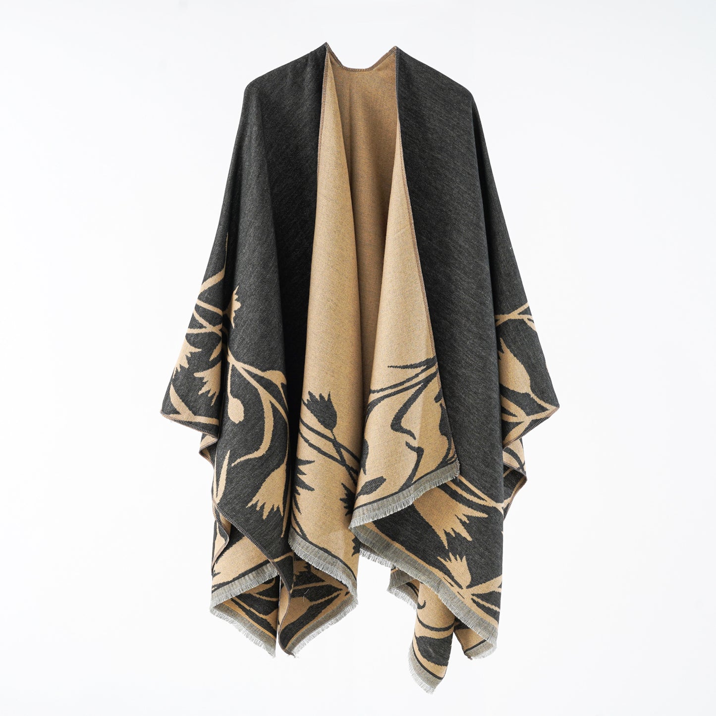 Women Double Sided Loose Shawl Jacquard Split Thickened Warm Split Shawl Popular Cape