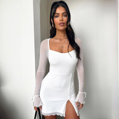 Women Clothing Summer Stylish Long Sleeves Sexy Mesh Stitching Split Dress