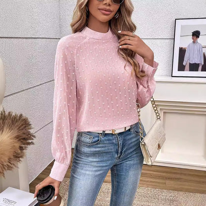 Women Clothing Best Seller Elegant Gentle Semi Permeable Autumn High Collar in Pink Long Sleeve Women Shirt