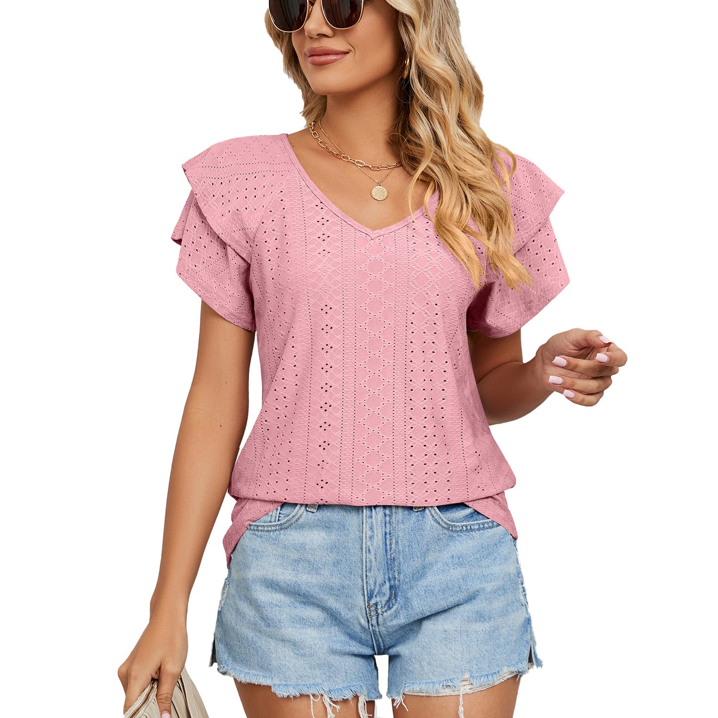 Spring Summer Solid Color Double Layer Sleeve V neck Loose Short Sleeve T shirt Top Women