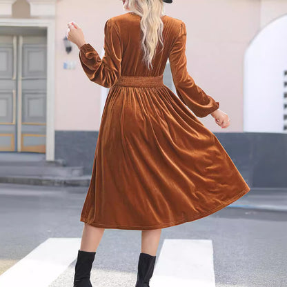 Autumn Winter Solid Color Long Sleeve Dress Women Office V neck Pleated High Waist Slimming Maxi Dress