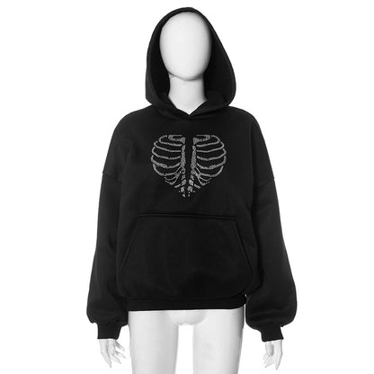 Trendy Skeleton Rhinestone Loose Hooded Sweater Top Women Autumn Winter