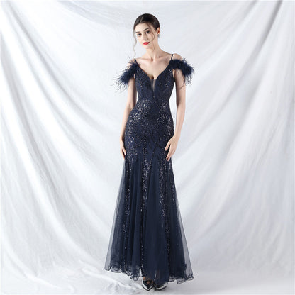 Color Craft Order Ostrich Feather Mesh Sequin Sexy Sling Dress Evening Dress