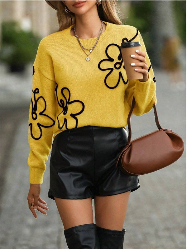 Women Clothing Sweater Spring Autumn Floral Jacquard Sweater Pullover round Neck Long Sleeves Top for Women