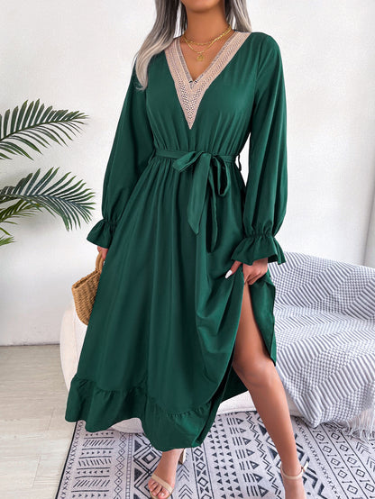 Spring Summer V neck Lace Waist Trimming Ruffles Maxi Dress Women Clothing