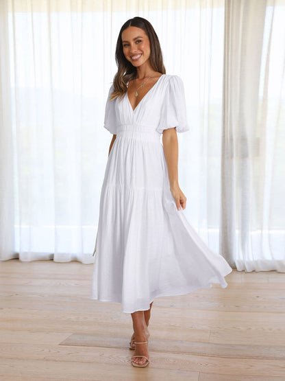 Summer Advanced Sense Vacation Deep V Plunge Puff Sleeve Dress Women