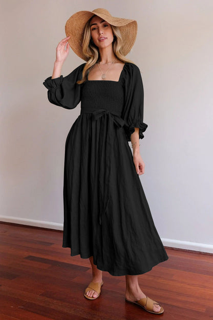 French High Sense Women Autumn Clothing Rope Belt Ruffled Lantern Sleeves Dress Multi Wear Elegant Dress