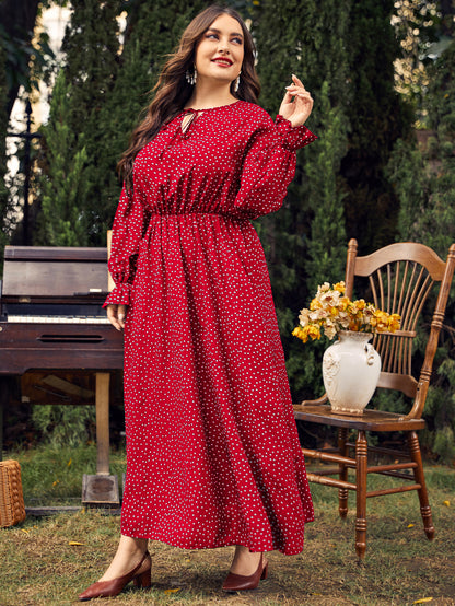 Plus Size Women Dress Polka-Dot Loose-Fitting  Girls Long Sleeve Dress