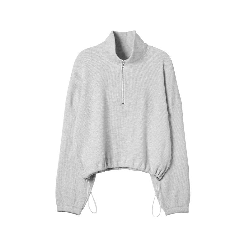 Fall Waffle Sweaters Women Clothing Long Sleeve Zipper Polo Shirt Drawstring Waist Casual Pullover