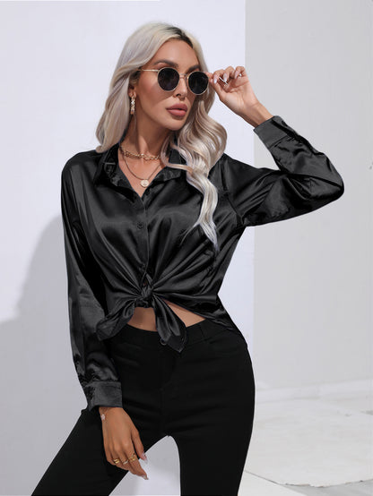 Satin Shirt Women Satin Artificial Silk Long Sleeve Shirt Spring Summer Women Clothing