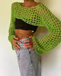 Color Matching Openwork Knitted Top Women Short T shirt Sexy Top Contrast Color Sun Protection Sweater