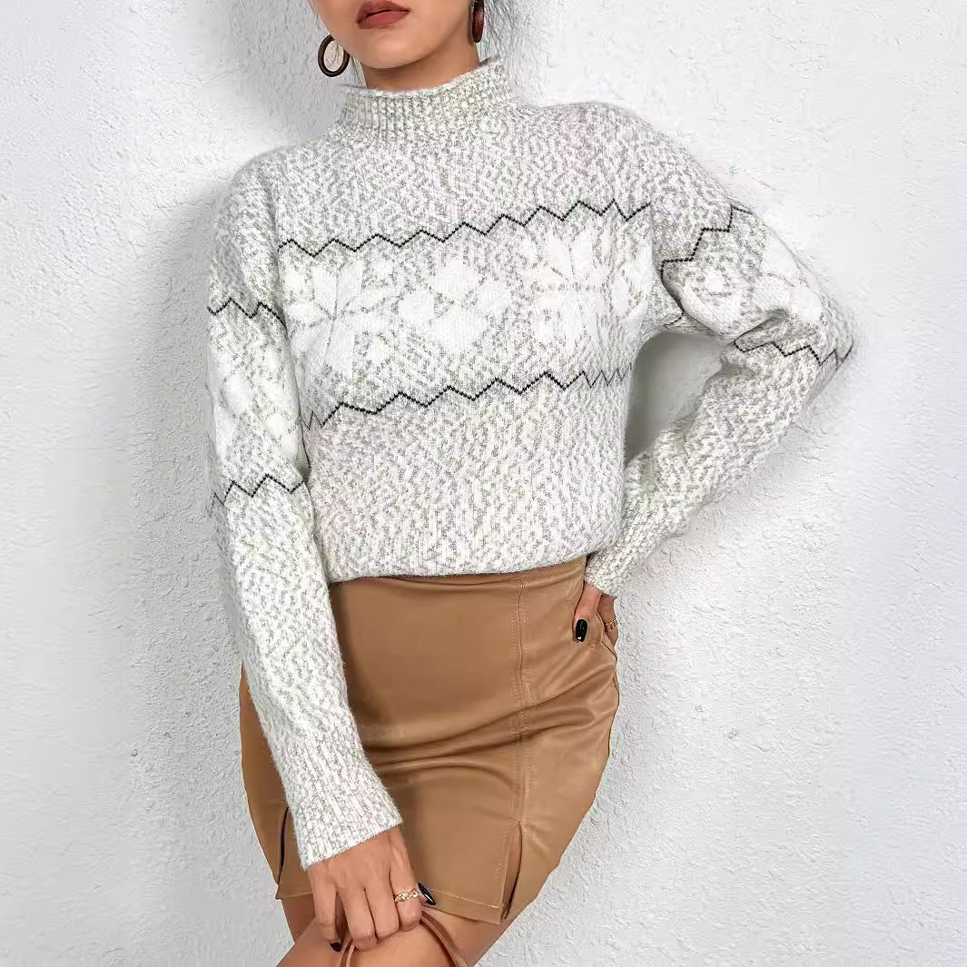 Autumn Winter Half Turtleneck Pullover Women Clothing Snowflake Jacquard Sweater Chenille Top