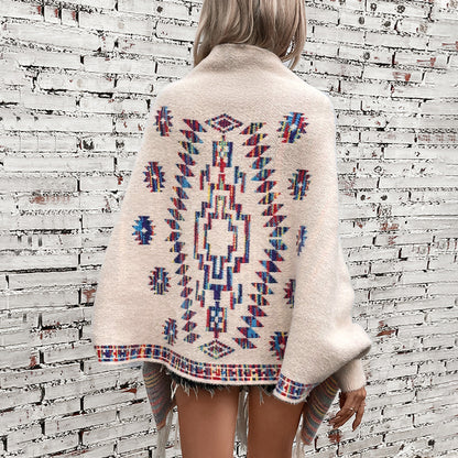 Aztec Sweater Cardigan Women Pop Geometric Abstract Jacquard Ethnic Tassel Shawl