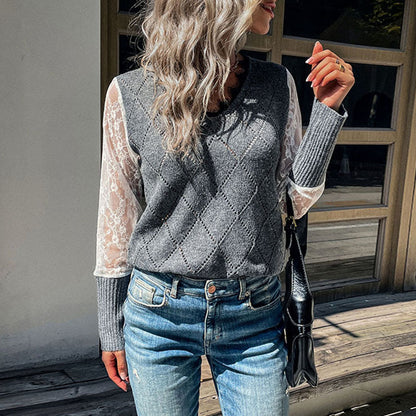 Autumn Winter Women Clothing Long Sleeve Lace Stitching Sweater