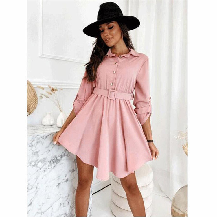 Spring Rolled Sleeves Cinched Blouse Long Sleeve Solid Color Dress