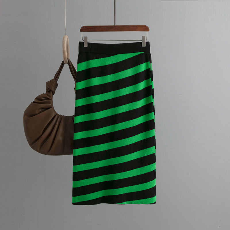 Autumn Oblique Striped Knitted Skirt Women Slim Fit Slimming Mid Length One Step Skirt Hip Skirt