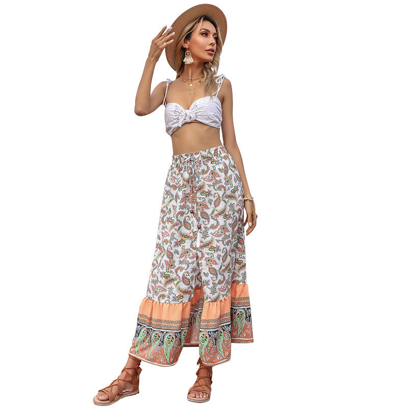 Slim Fit Elasticated Waist Self-Tie Slit Skirt Ethnic Print Mid-Length Women Summer