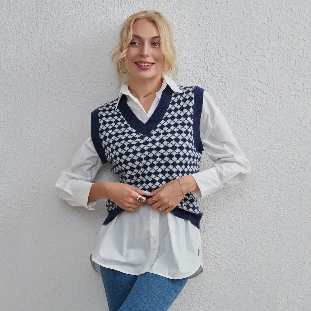 Women Clothing Basic Simple Stylish Casual Rhombus Sweater Vest