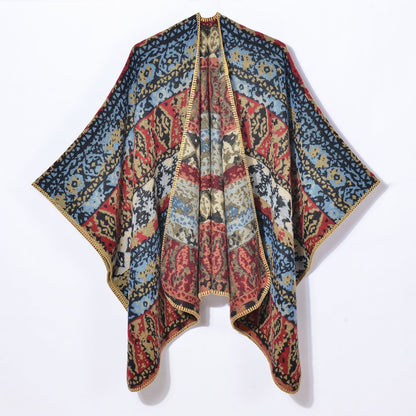 Retro Geometric Abstract Diamond Scarf Shawl Fashionable with Side Slit Cold Proof Cape Shawl