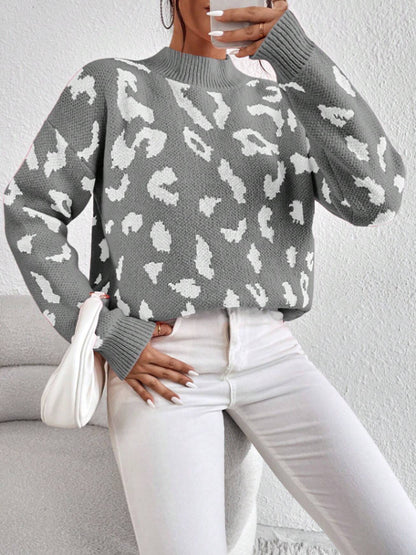 Women Clothing Sweater Pullover round Neck Sweater Spring Autumn Leopard Print Jacquard Top