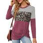 Autumn Winter round Neck Leopard Stripe Stitching Twist Loose Long Sleeve T shirt Women