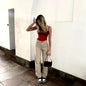 Retro Light Khaki High Waist Draggle Tail Straight Trousers Jeans Street   Smart Trousers