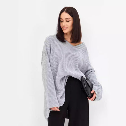 Lazy Sweater Autumn Winter Solid Color Casual V neck Loose Long Sleeve Women Knitwear