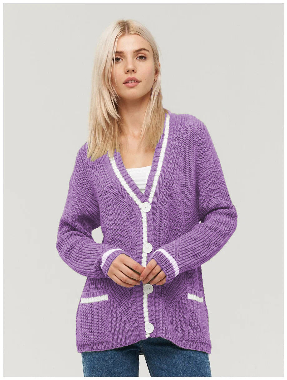 Knitted Cardigan Sweater Women Autumn Winter All Matching V Neck Pocket Color Matching Knitted Long Sleeve Sweater Coat Women