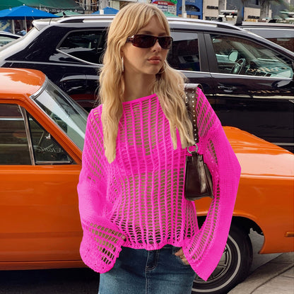 Long Sleeve Hollow Out Cutout Out Knitted Mesh Shirt Women Summer Thin Type Sunscreen Blouse Early Spring Top Outer Wear