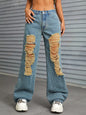 Women Clothing Casual All Match Ripped Wide Legged Denim Trousers