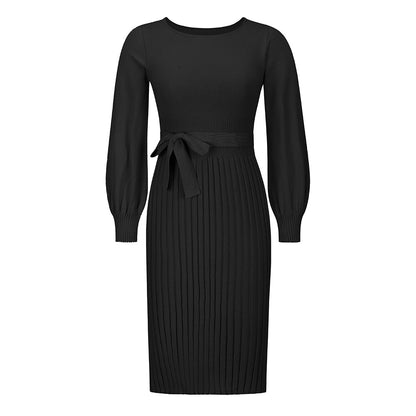 Women Autumn Winter Knitting Dress Slim-Fit Pleated Mid-Length Bottoming Sweater