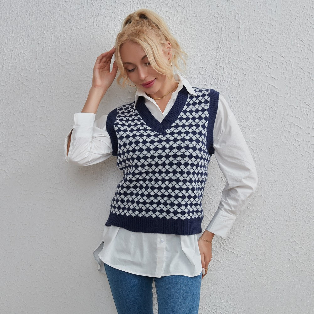 Women Clothing Basic Simple Stylish Casual Rhombus Sweater Vest